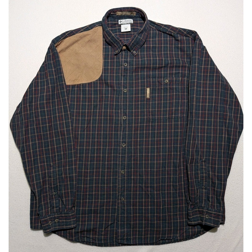 Columbia River Lodge Flannel Shooting Shirt Men's XXL Plaid Leather Patch Cotton